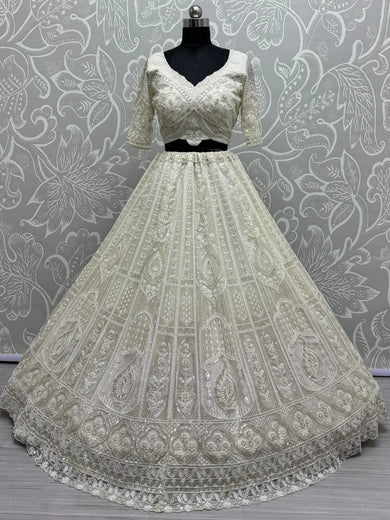 Endearing White Pearl Work Net Party Wear Lehenga Choli With Dupatta - Ethnic Plus In